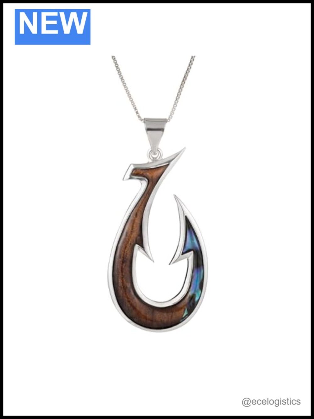925 Sterling Silver Hawaiian Fish Hook Necklace Koa Wood Abalone 18" Chain
